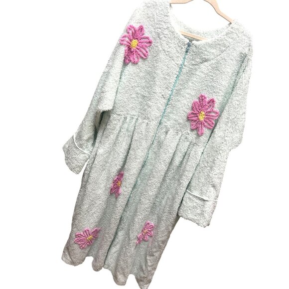 Canyon Group Rare Vintage Mint Green With Pink Daisey Full Zip Chenille Robe - Picture 1 of 7